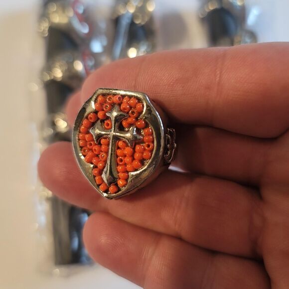 Lot of 12 Red Cross Shield & Bead Silver Adjustable Size Rings - Picture 4 of 5